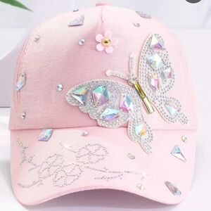 Pastel Pink Rhinestone Butterfly Baseball Cap Hat